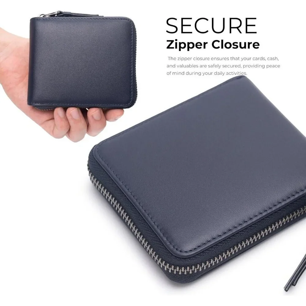 Men's Bifold Leather Dark Blue Wallets Card Slot Secure Zipper Closure Style
